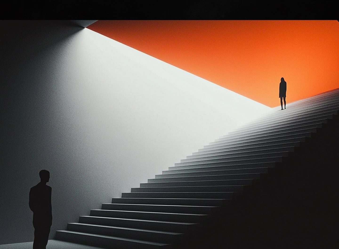 Two people, silhouetted, gaze at each other from ends of a broad staircase
